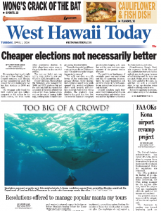 Manta dive makes front page of West Hawaii Today 4/1/14
